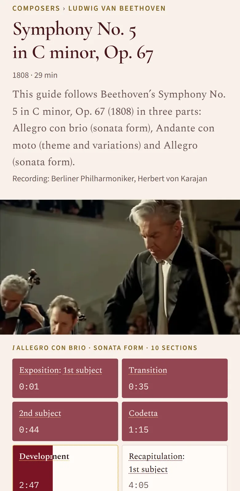 Symphony Atlas on a phone: Beethoven’s Symphony No. 5 with the section map under the video